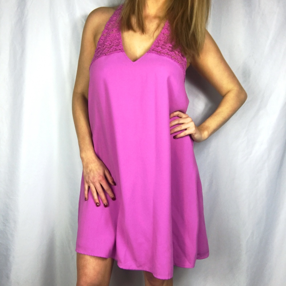 Gianni Bini Crochet Halter Shift Dress V Neck Purp